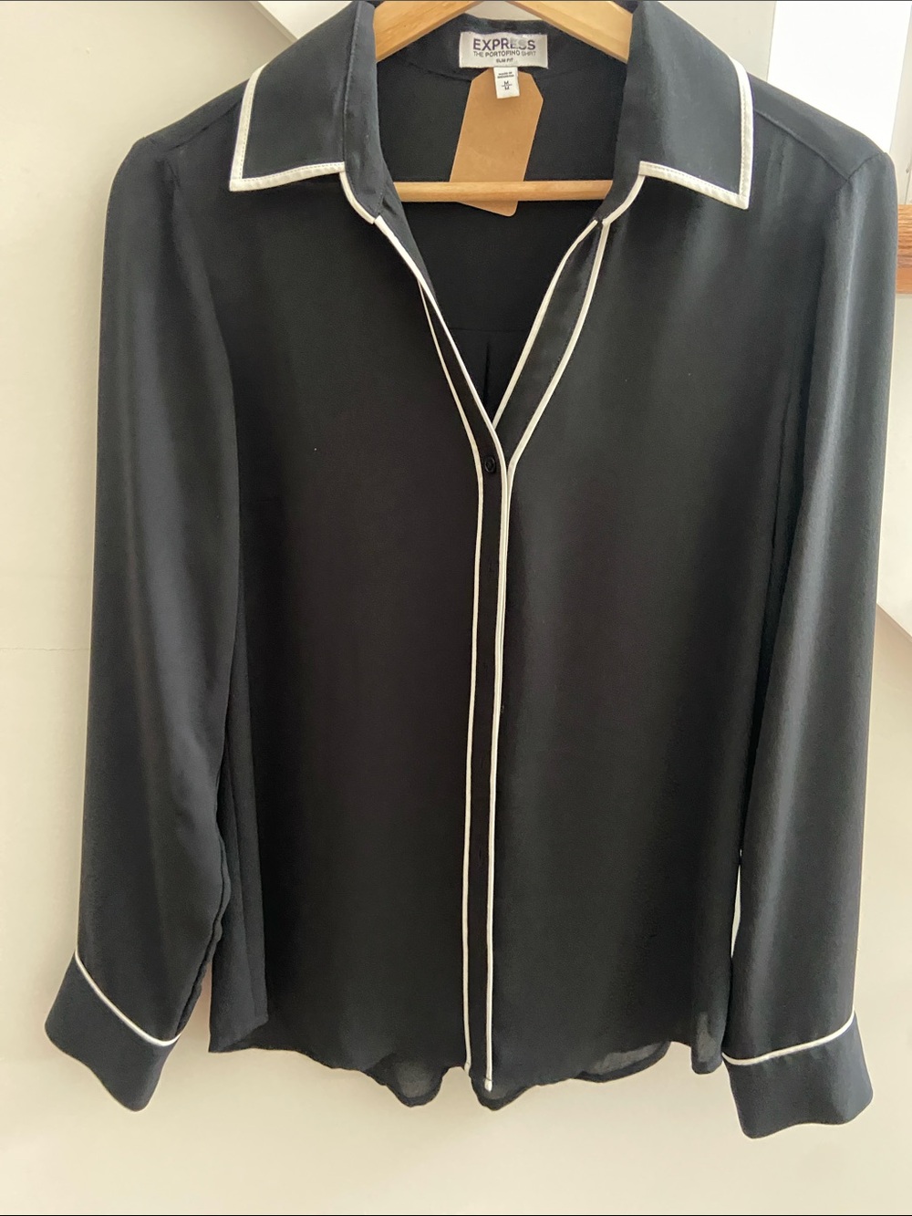 Express Black Button-Front Blouse with White Piping